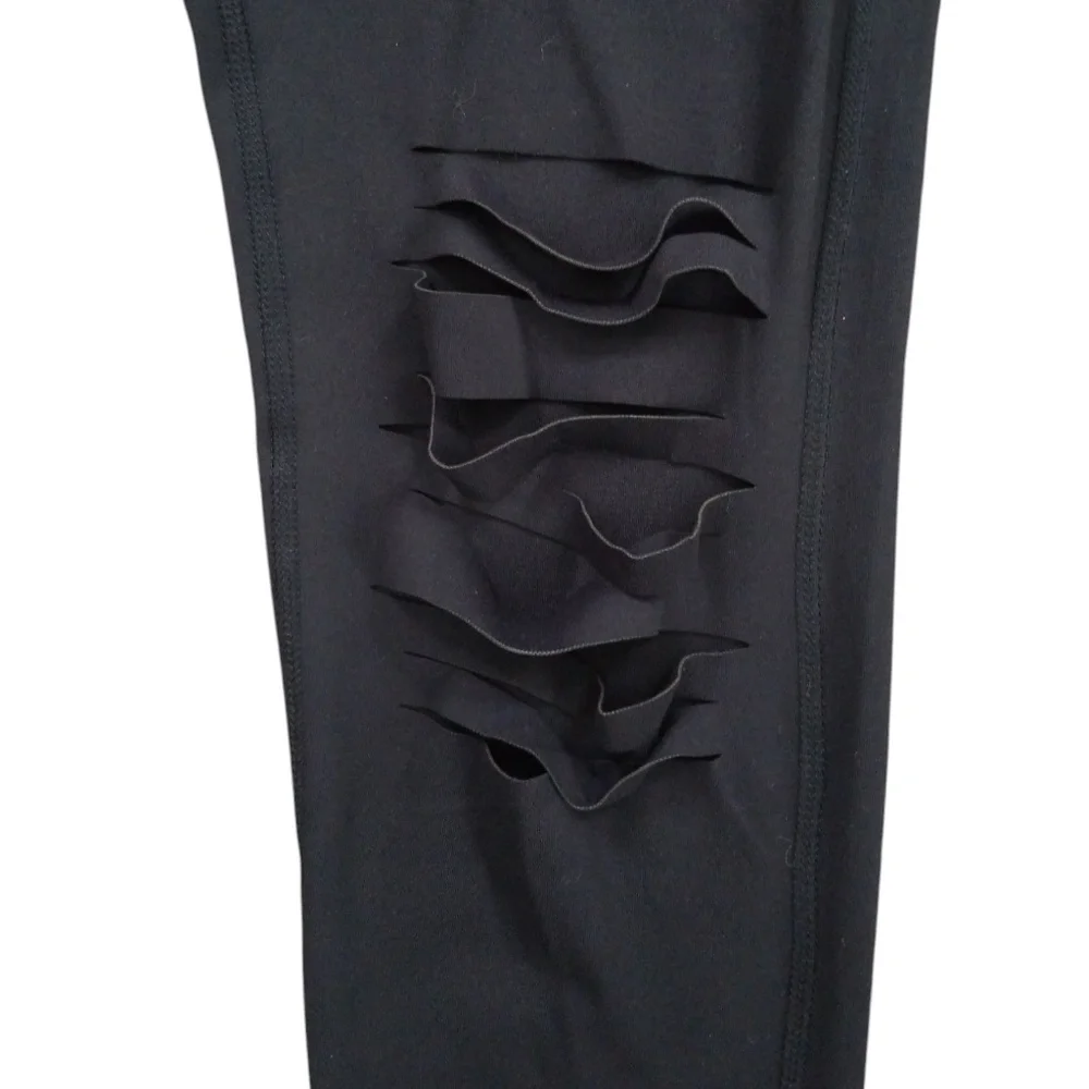 Mono B Women's Black Shredded‎ Knee Laser Cut High Waist Leggings Size XL NEW - Picture 9 of 15